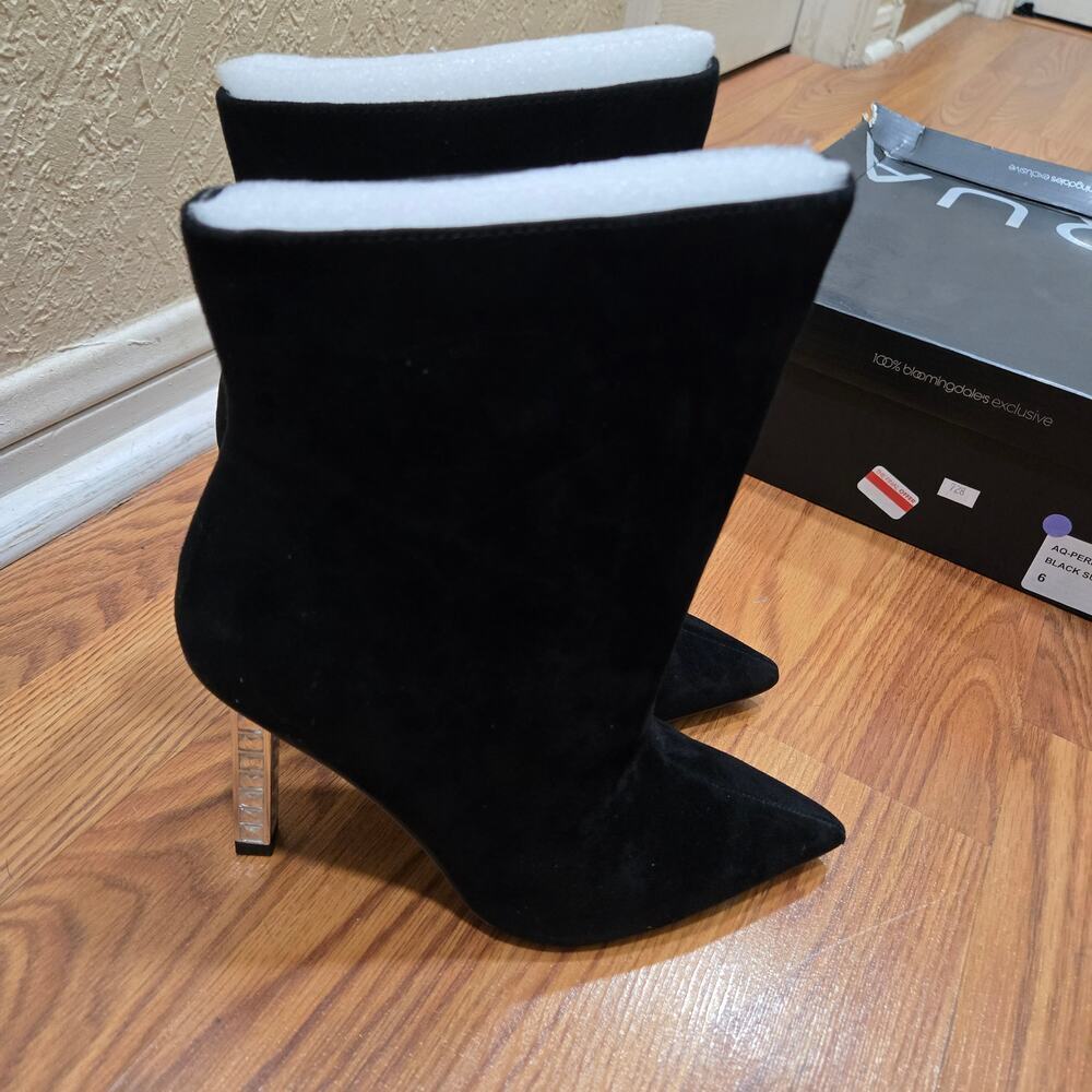 AQUA Perin Black Suede Lucite Heel Glam Booties Sz 6